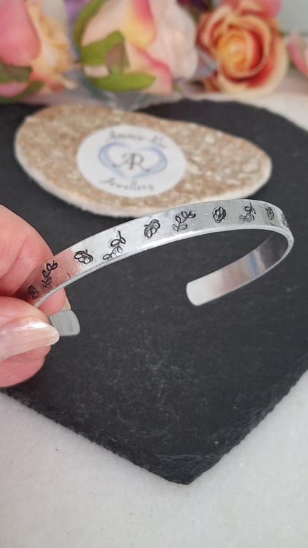 Handstamped floral silver aluminium cuff bracelet 