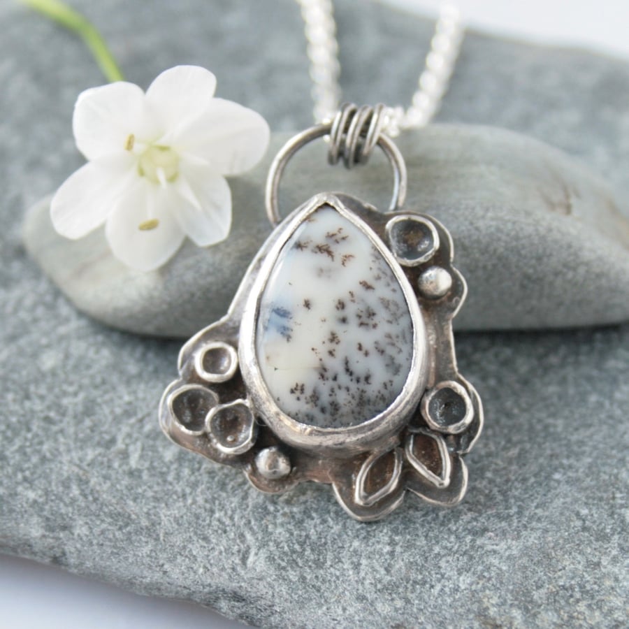 Dendrite and sterling silver botanical necklace, unique gemstone necklace