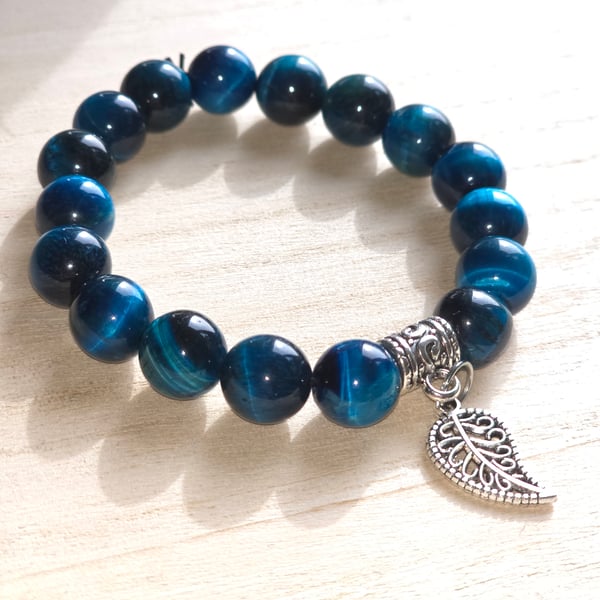 Blue Beaded Leaf Charm Elasticated Bracelet