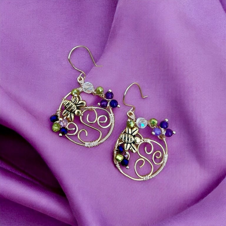 Gold Plated Amethyst, Crystal Bee Earrings - Botanical, Birthstone