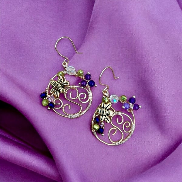 Gold Plated Amethyst, Crystal Bee Earrings - Botanical, Birthstone