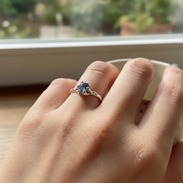 Organic Sapphire Ring – Sterling Silver Handmade Ring with Molten-Inspired Claw 