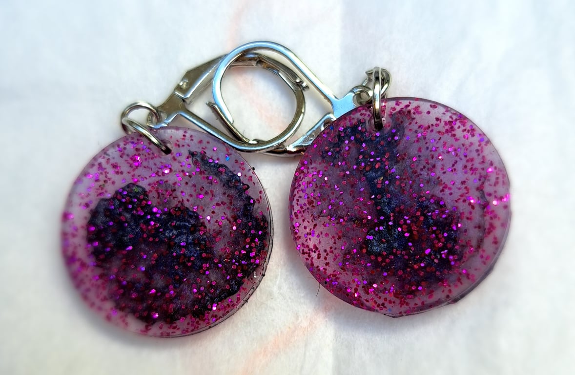 Resin earrings green, purple, red, black, glitter and sequins