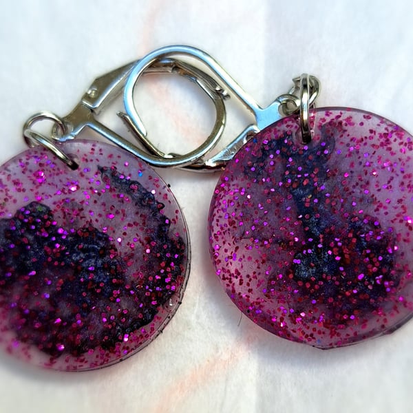 Resin earrings green, purple, red, black, glitter and sequins