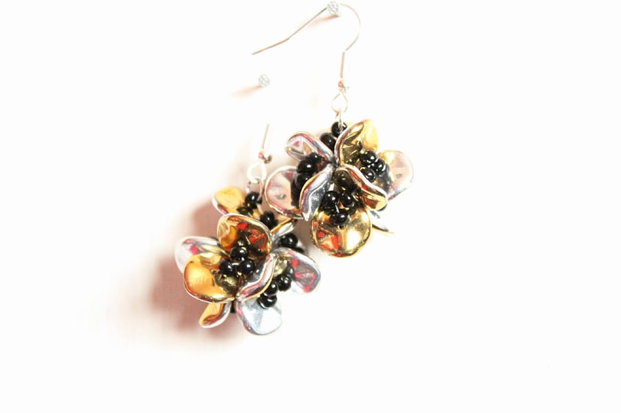 Gold and silver flower beaded dangle earrings, Czech ripple bead earrings