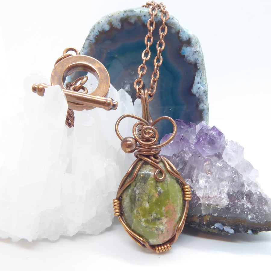 Unakite wrapped in bare copper, wire wrapped pendant on chain