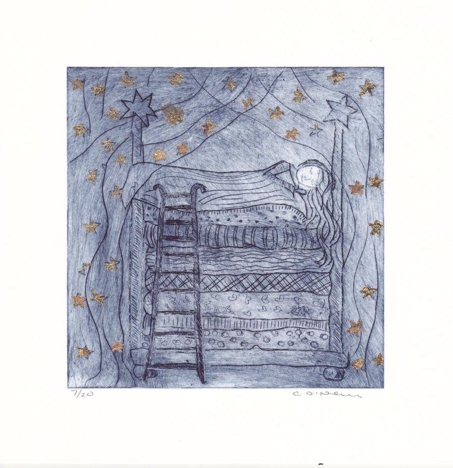Princes and the Pea in Prussian Blue with Gold Stars - Dry Point etching