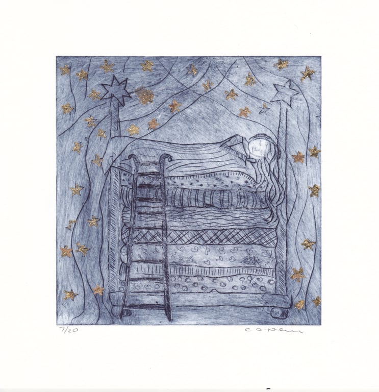 Princes and the Pea in Prussian Blue with Gold Stars - Dry Point etching