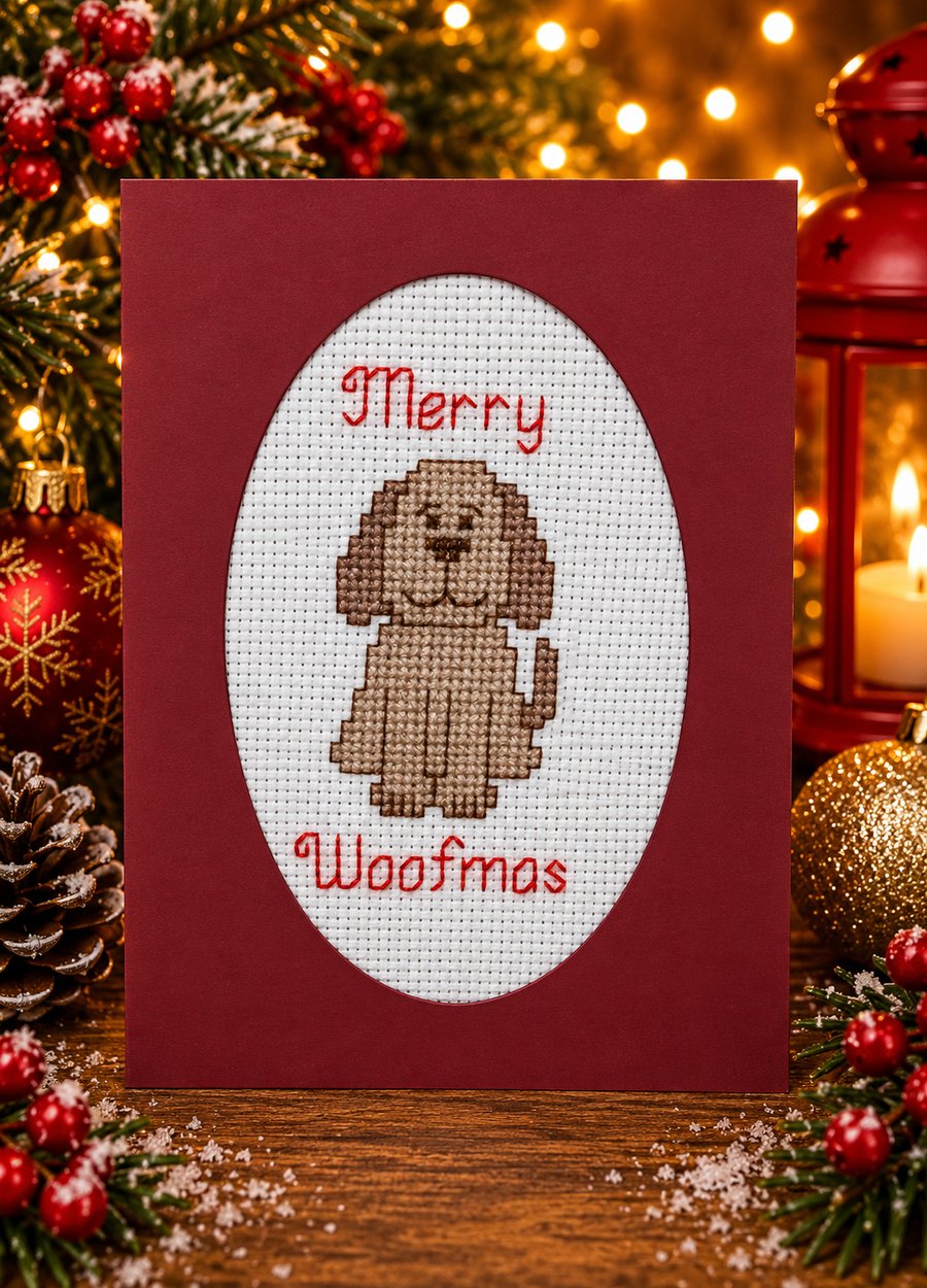 Handmade Cross Stitch Merry Woofmas Dog Christmas Card – 6 x 4 Inch