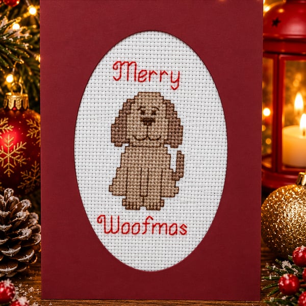 Handmade Cross Stitch Merry Woofmas Dog Christmas Card – 6 x 4 Inch