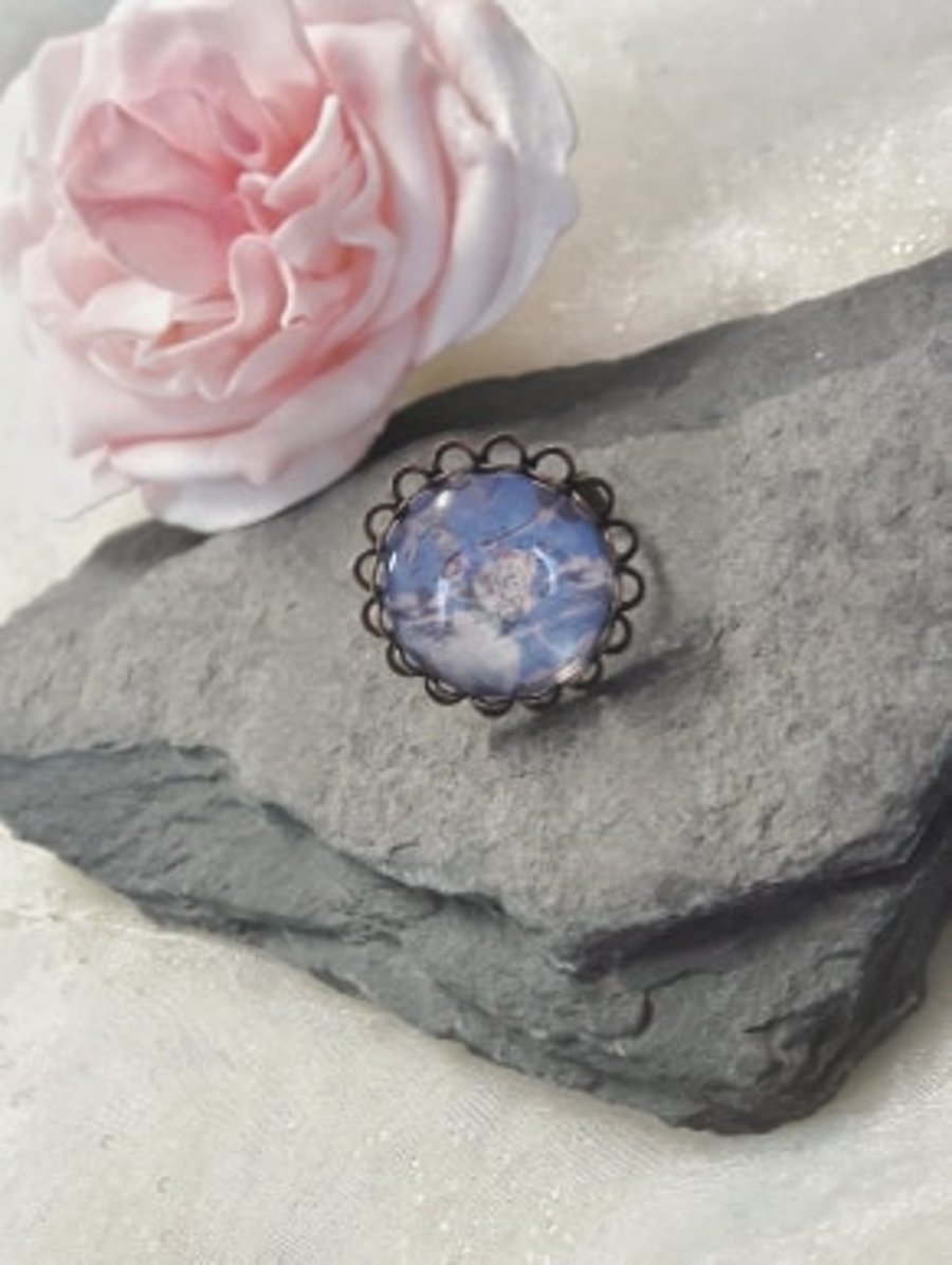 SALE Chunky Blue Glass Flower Adjustable Ring