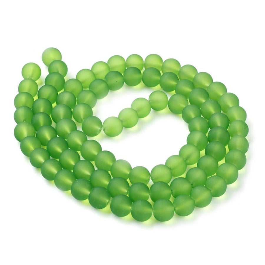 Green 8mm Frosted Dyed Plain Round Glass Beads, Strand of 95, 1.5mm Hole