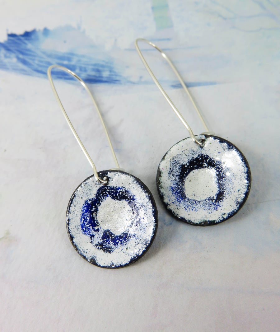 Discs of Blue and White Enamel with Silver Shimmer on Long Silver Wires