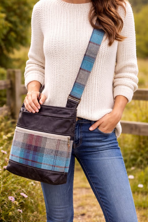Brown wax canvas crossbody bag blue and brown water repellent shoulder bag