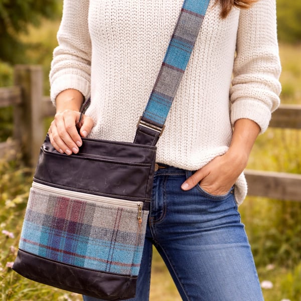 Brown wax canvas crossbody bag blue and brown water repellent shoulder bag