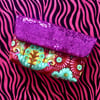 Mrs Peel cosmetic makeup bag: handmade, red paisley and pink sequin