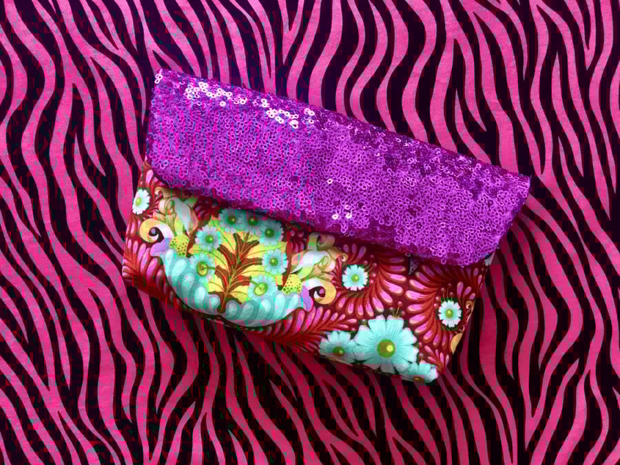 Mrs Peel cosmetic makeup bag: handmade, red paisley and pink sequin