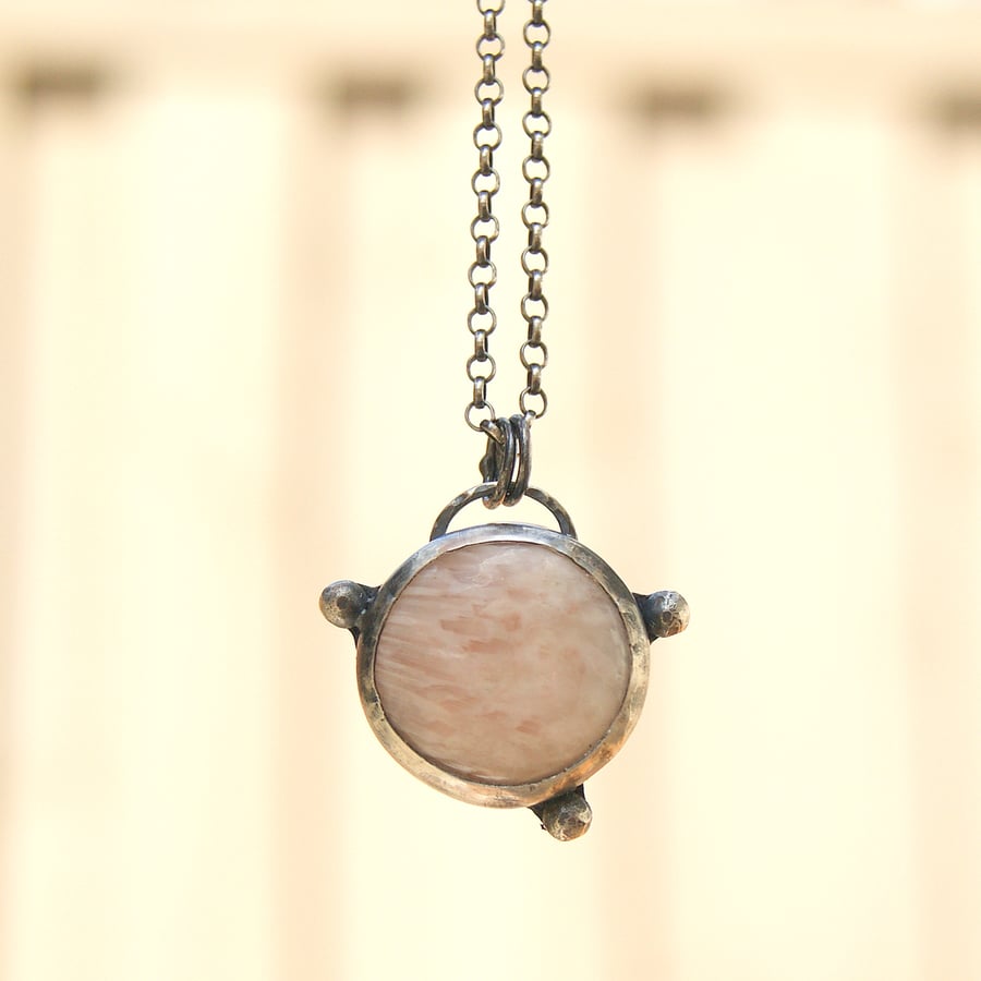 Pink Scolecite Rustic Necklace, Silver and Copper Pendant