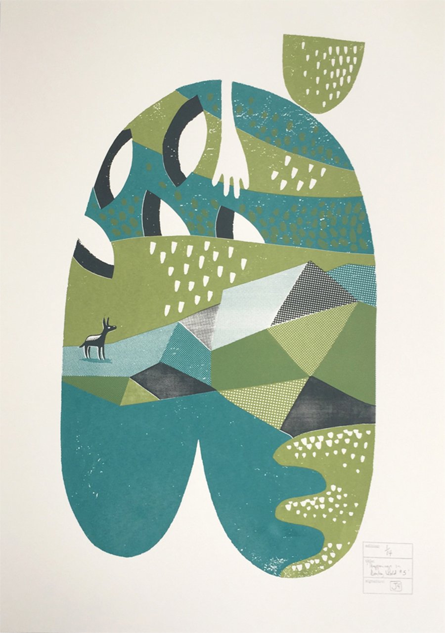 Happenings in Donkey World No.5 3-colour A2 screen print (green, teal and grey)