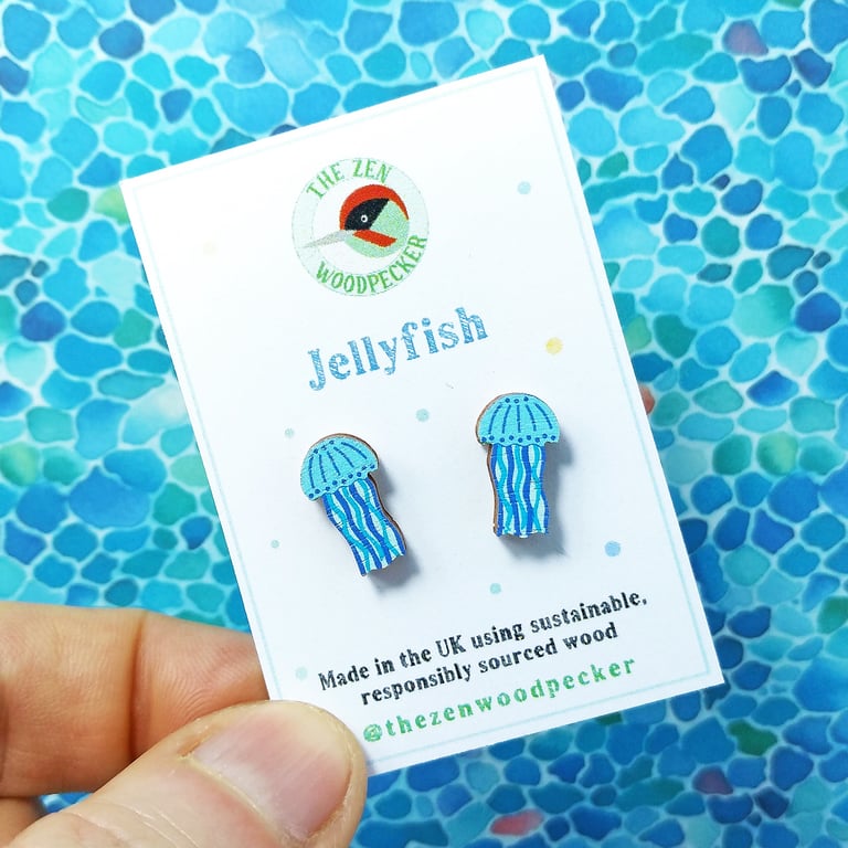 Blue Jellyfish Earrings, Sealife Studs, Silver Plated or Sterling Silver Backs
