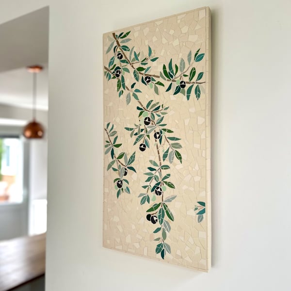 Original Botanical Art - Olive Branch Mosaic Wall Plaque 