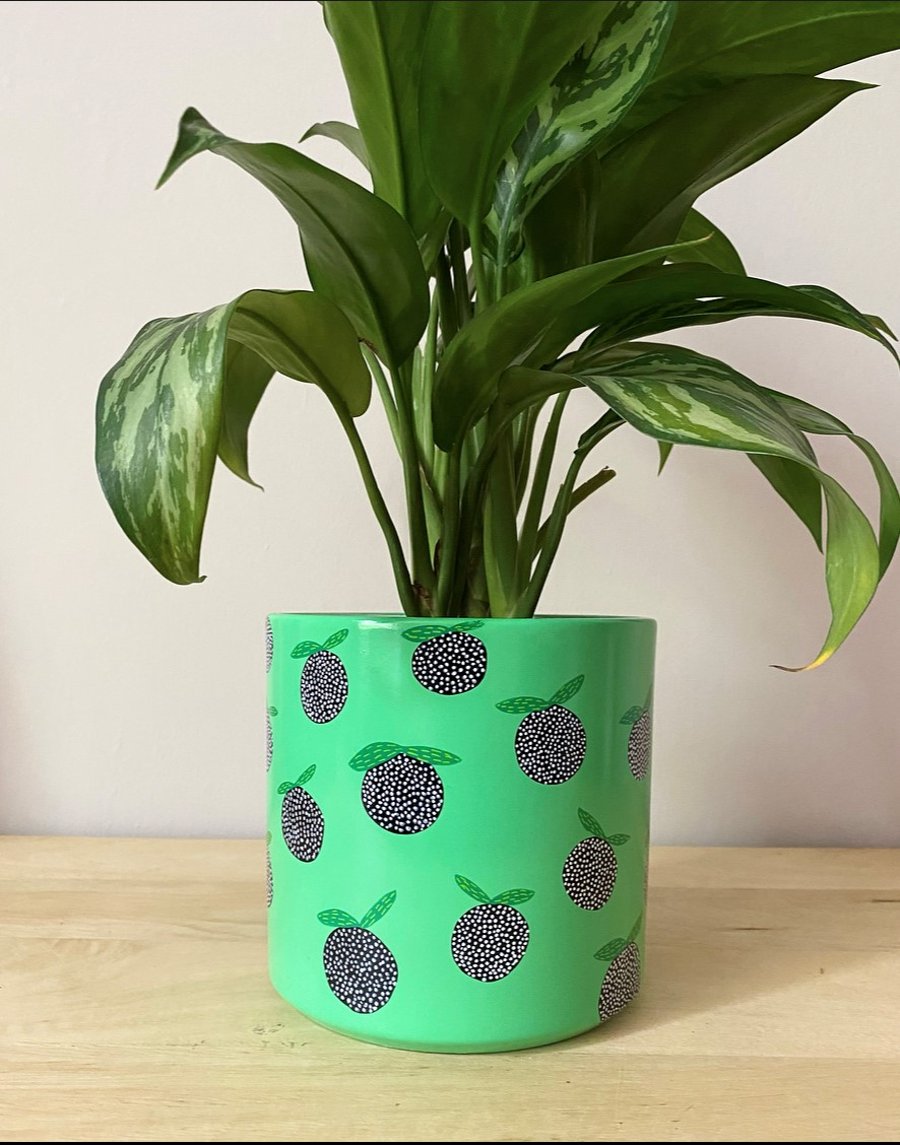 Green Abstract Fruit Design Hand Painted Indoor Plant Pot