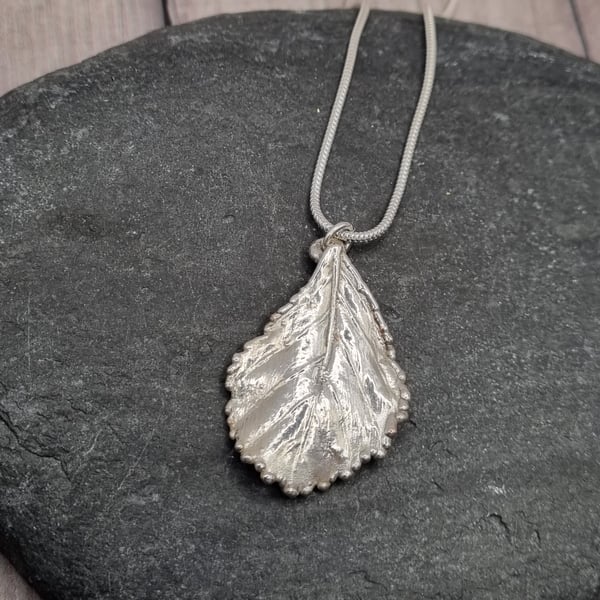 Real Hazel leaf preserved in silver, pendant necklace