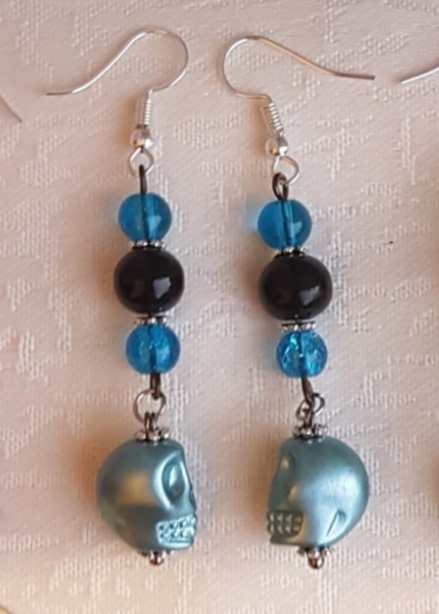 SALE - Spooky Bead and Skull dangle Earrings - Ghostly Blue