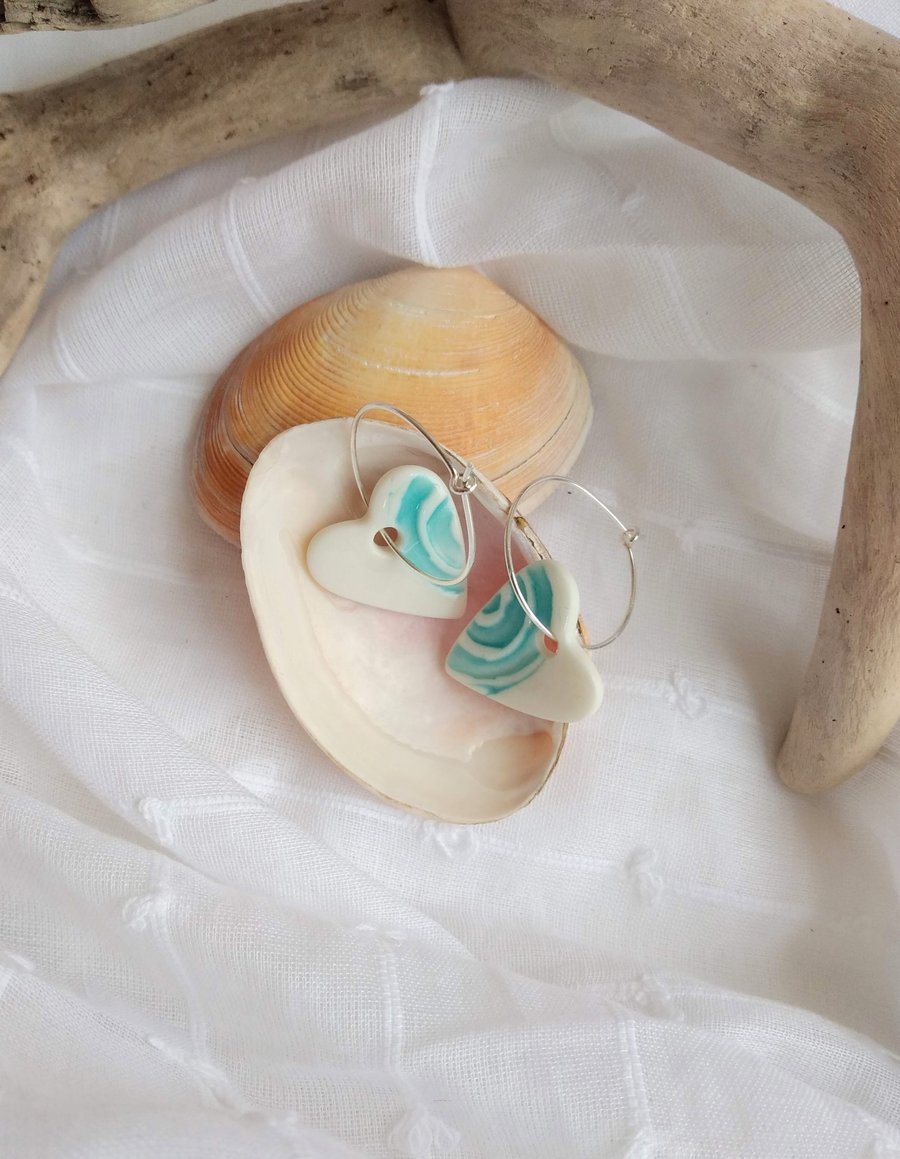 Porcelain Ceramic Heart Earrings in Turquoise on Sterling Silver Hoops