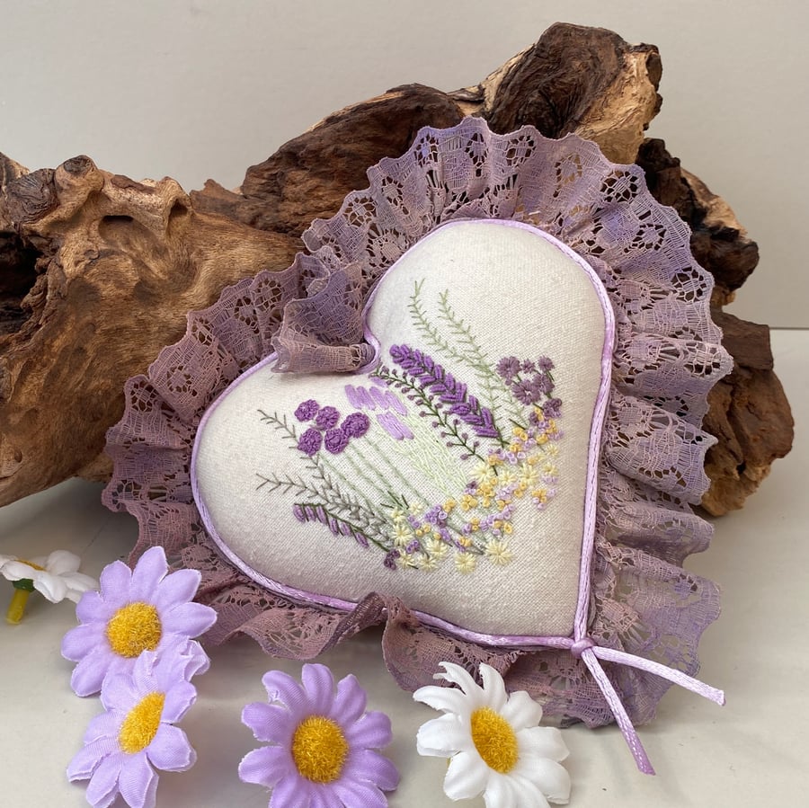 Ornamental heart, hand embroidered heart wall decoration, stuffed heart