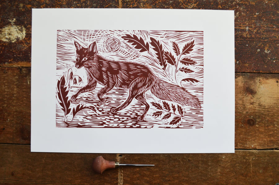 Linocut Print Fox Handmade Original Hand Printed Wall Art Original Gift Home Dec