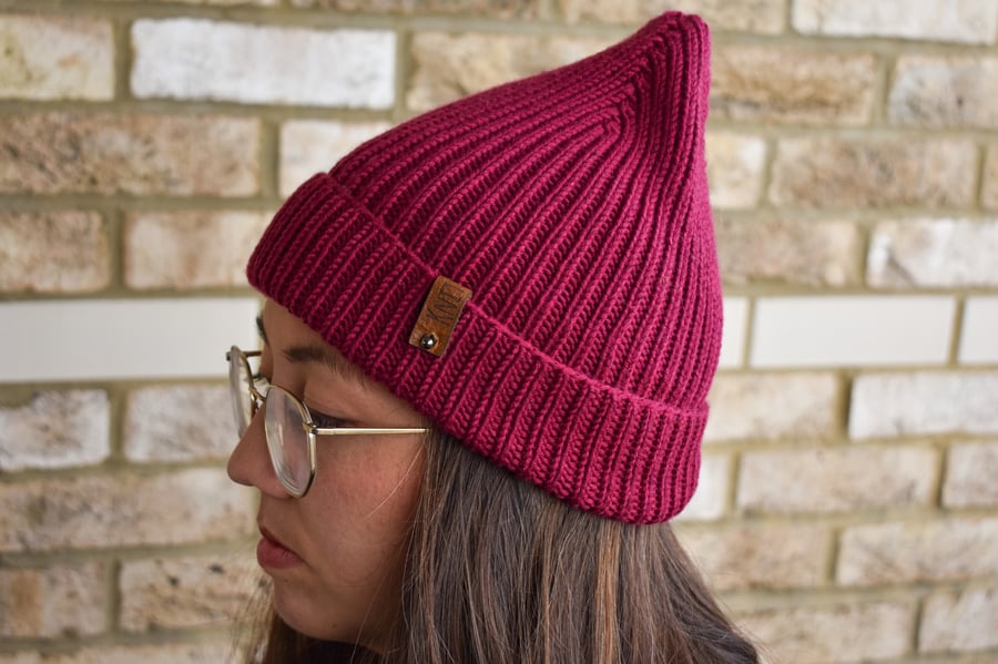 Hand knit ribbed beanie hat, merino wool. Burgundy red soft knit beanie.