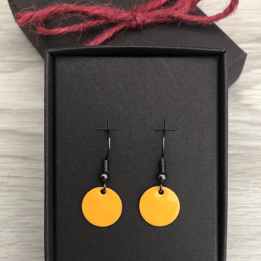 Yellow enamel drop earrings. Sterling Silver upgrade available. 