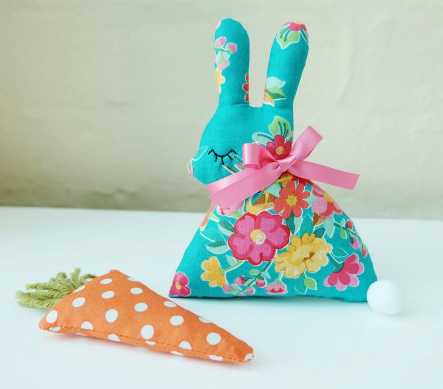 SALE Lavender Bunny with Lavender Carrot, Gypsy Turquoise Floral Rabbit