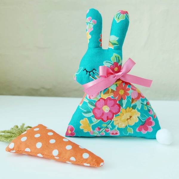 SALE Lavender Bunny with Lavender Carrot, Gypsy Turquoise Floral Rabbit