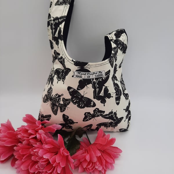Japanese knot bag,  small hand bag, reversible in denim and cream butterfly 