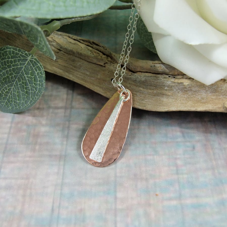 Sterling Silver and Copper Teardrop and Bar Pendant