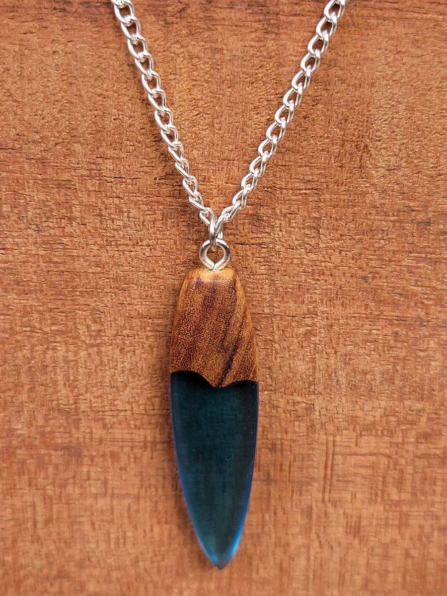 Olive wood and blue resin pendant - UK free postage