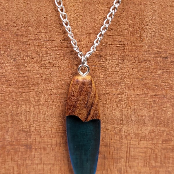 Olive wood and blue resin pendant - UK free postage