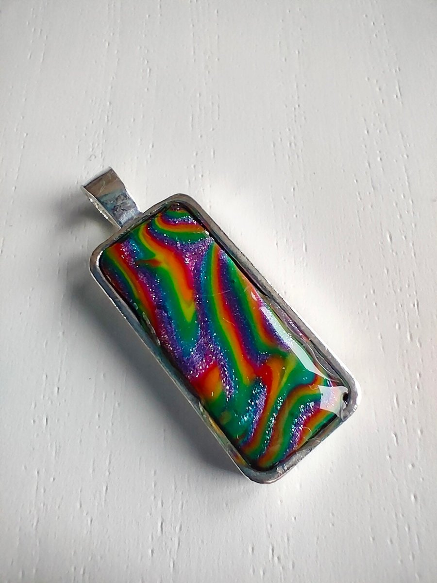 Small Dark Psychedelic Rectangular Rainbow Pendant