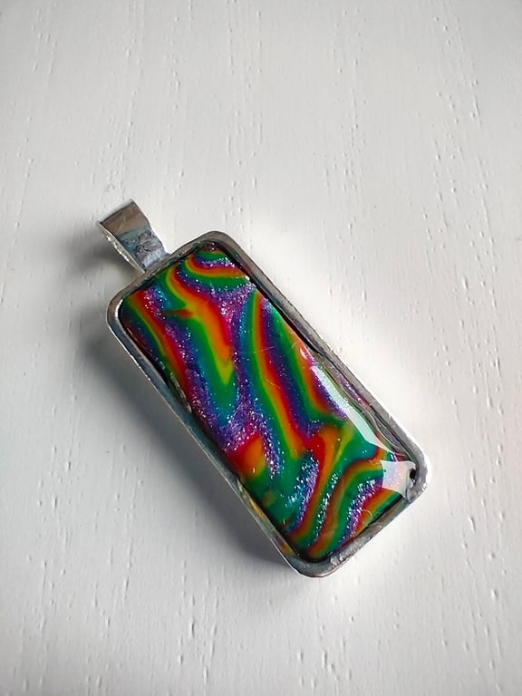Small Dark Psychedelic Rectangular Rainbow Pendant