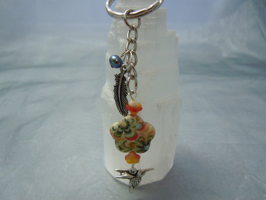 Keyring & bag charm in silver tone metal with Howlite bead