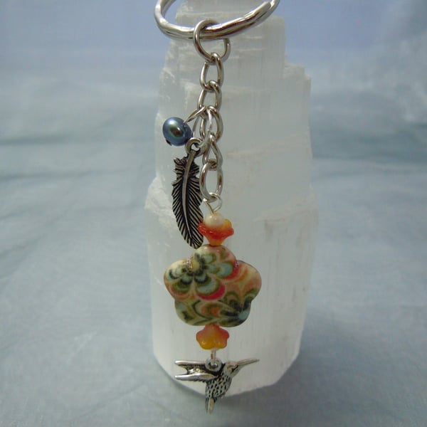 Keyring & bag charm in silver tone metal with Howlite bead