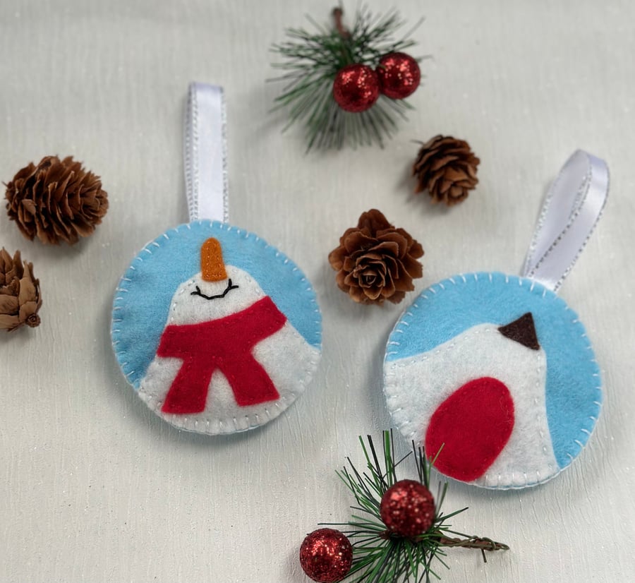 2 felt tree hanging ornaments, snowman and robin 