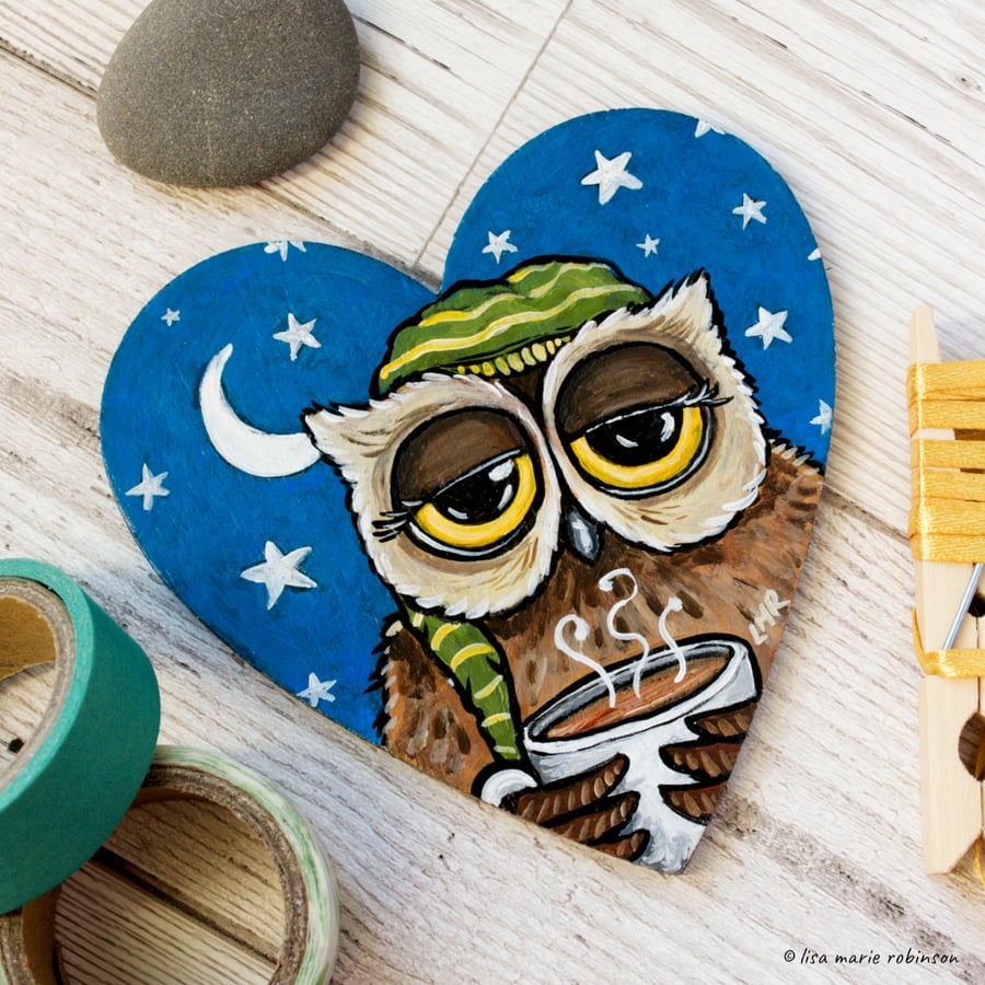 Sleepy Owl Coffee Tea Drinker - Hand Painted Heart Shaped Magnet