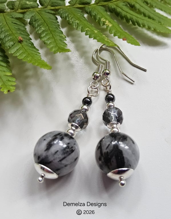 Rutile Quartz & Mistic Faceted Quartz & Heamotite Silver Plate Earrings