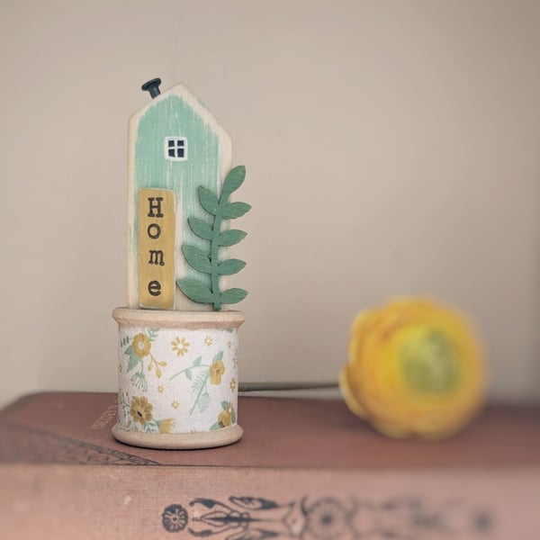 Little Wooden House on a Vintage Bobbin 'Home' 