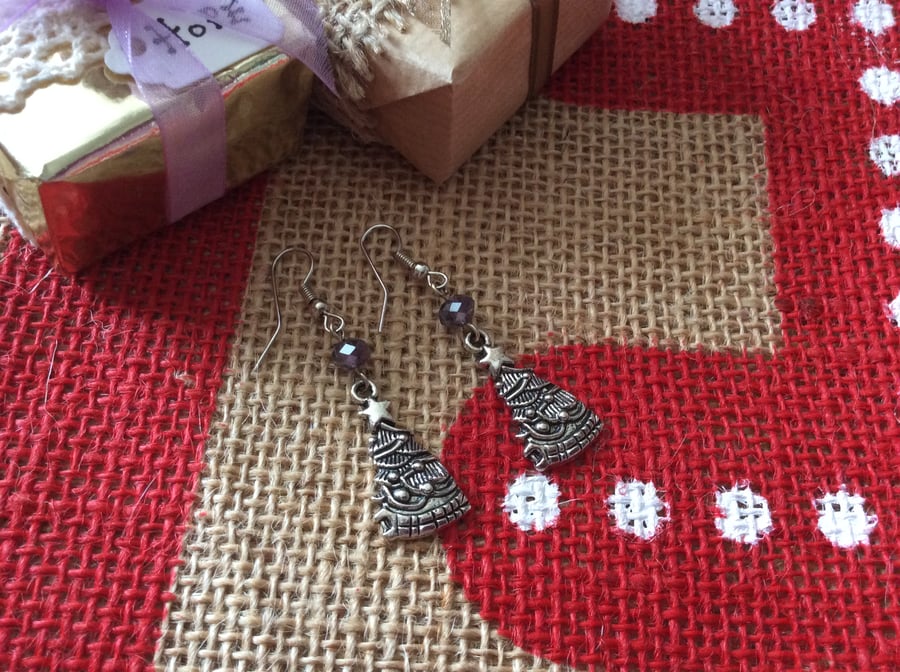 Christmas Novelty Tibetan Silver Purple Crystal Christmas Tree Earrings 2