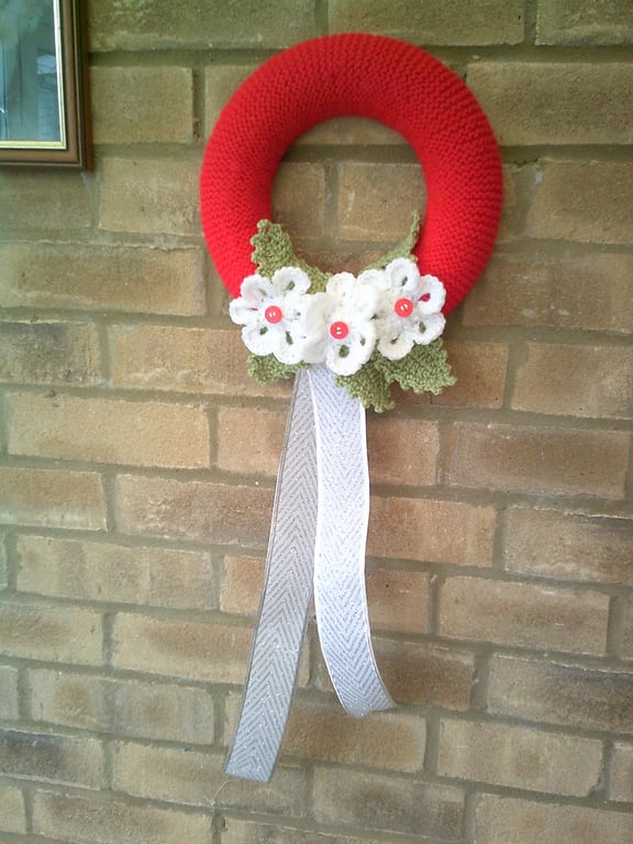 Hand Knitted Red 25cm Wreath with White Flowers