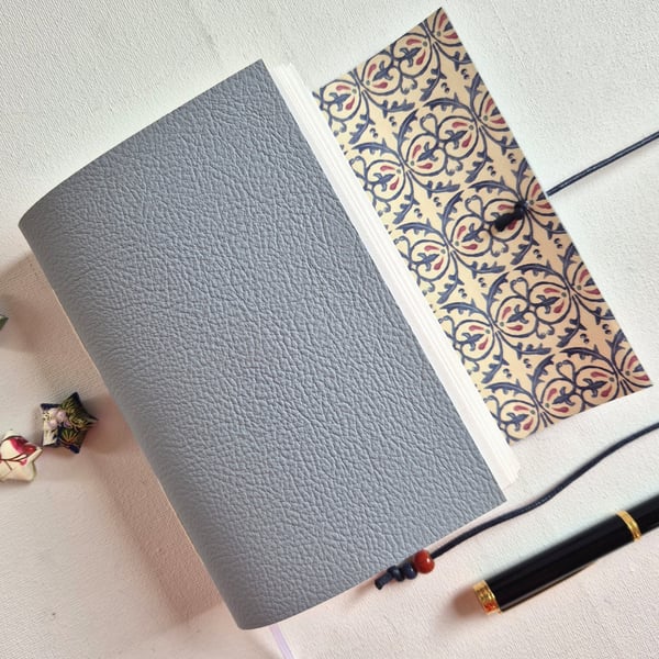 Pale Blue Leather Journal, Sketchbook or Notebook, with blue and red motif, A6
